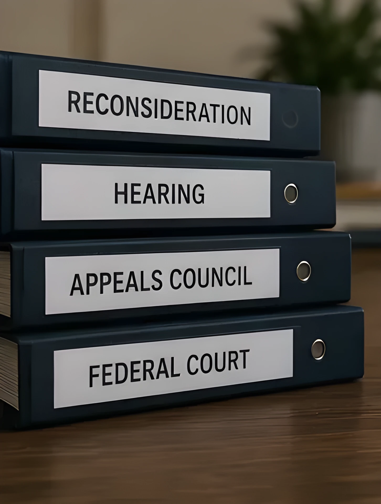 Binders labeled reconsideration, hearing, appeals council, and federal court
